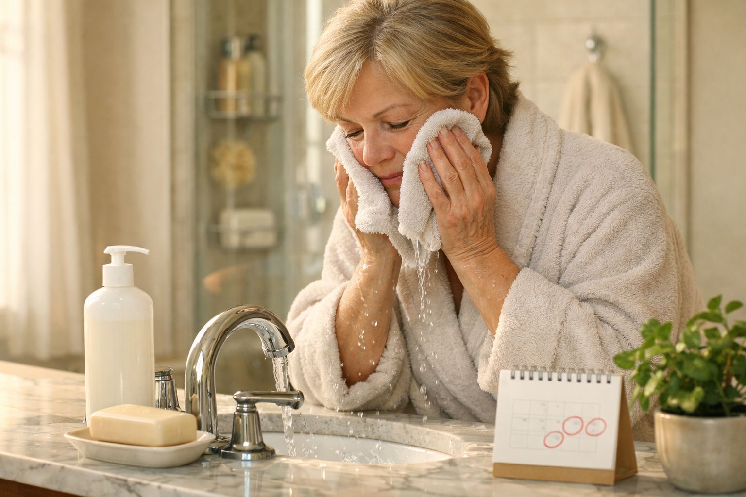 Mulher de roupão limpa o rosto com toalha em frente a um lavatório, rodeada por sabonete e planta.