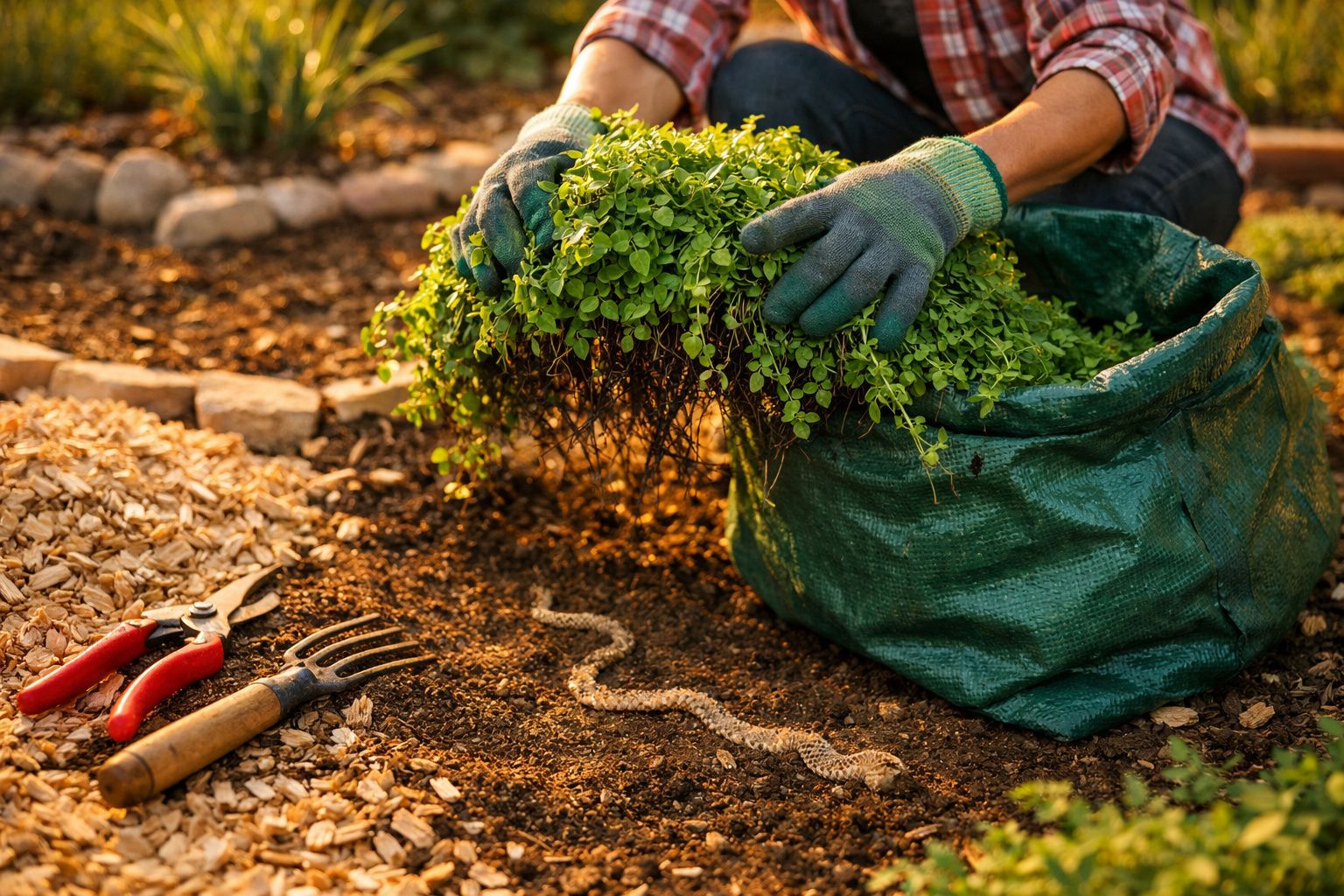 Pessoa com luvas transplantando planta, com utensílios de jardinagem e pele de cobra no solo.