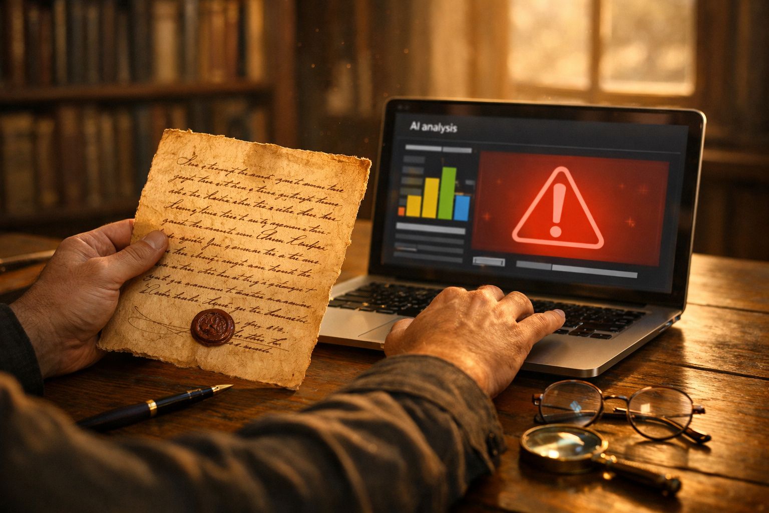 Homem segura carta antiga enquanto observa ecrã de portátil com alerta vermelho. Mesa com lupa e óculos.