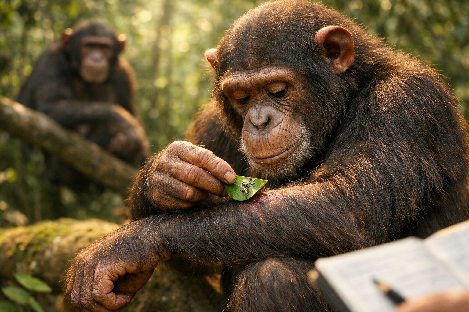 Chimpanzé observa inseto numa folha enquanto outro chimpanzé descansa no fundo da floresta densa e verde.