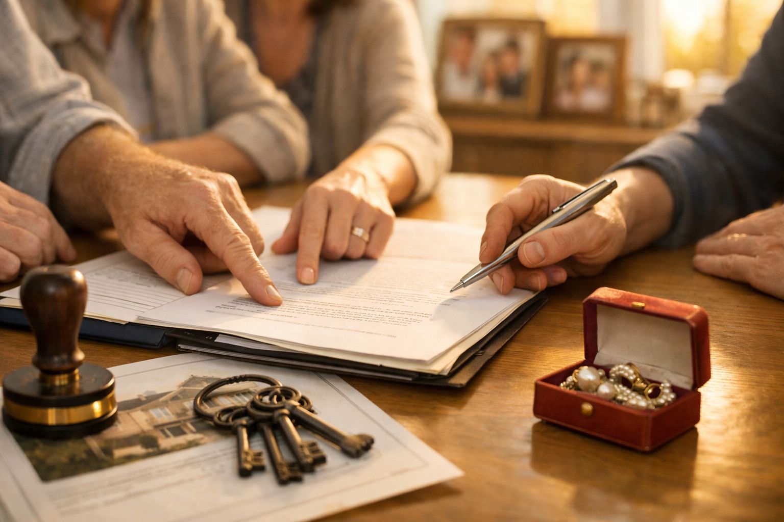 Mãos de idosos analisando documentos com chaves, carimbo e caixa de joias sobre a mesa.