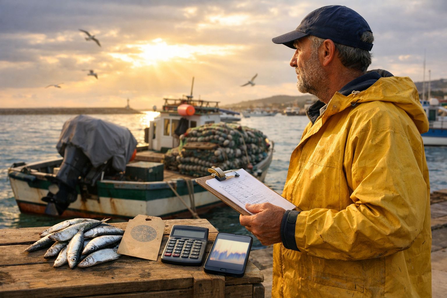 Homem em capa amarela anota dados num cais ao pôr-do-sol, com barco de pesca ao fundo e gaivotas no céu.