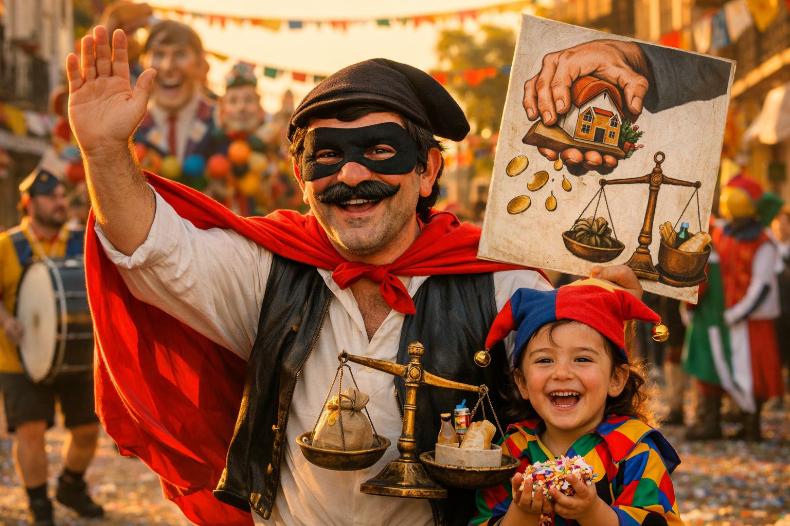 Homem mascarado e criança fantasiada em festival animado, segurando balança e quadro com casa e moedas.