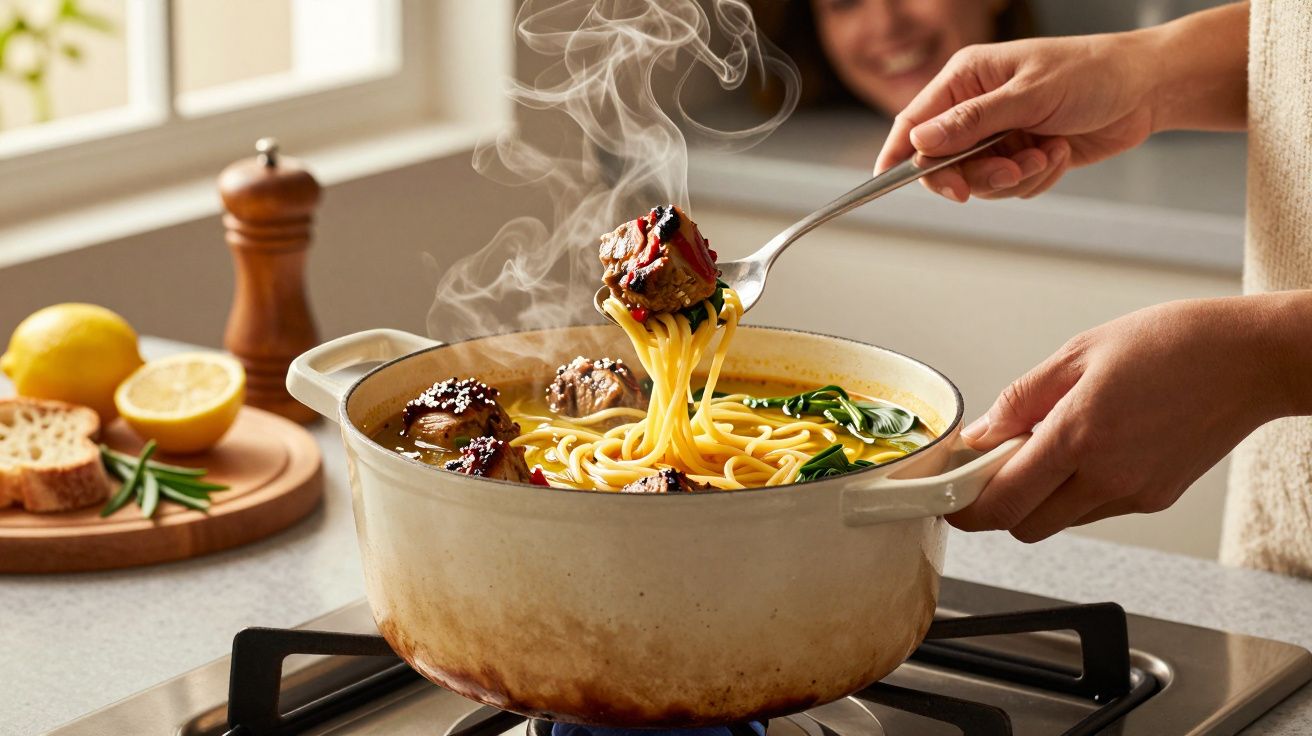 Mãos seguram garfo com esparguete e almôndega sobre panela fumegante no fogão, com utensílios e limão ao fundo.