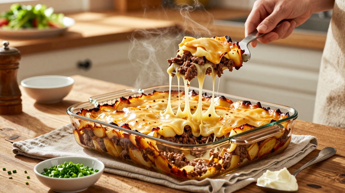 Pessoa servindo uma fatia de lasanha de carne e queijo num tabuleiro de vidro numa mesa de cozinha.