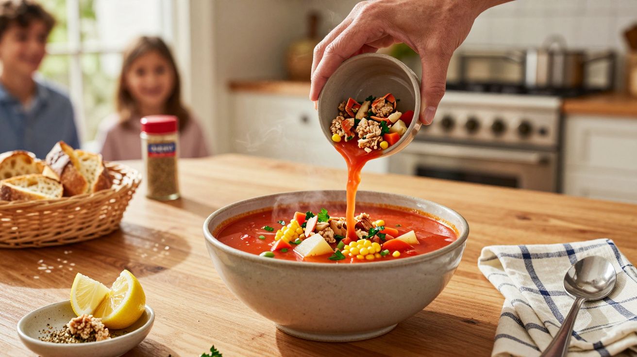 Tigela de sopa de tomate com legumes sendo temperada, sobre mesa de madeira, com dois adultos ao fundo desfocados.