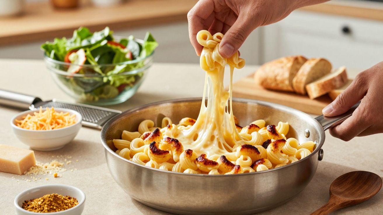 Mão pegando massa com queijo derretido de uma frigideira, salada e pão ao fundo em cima da mesa.