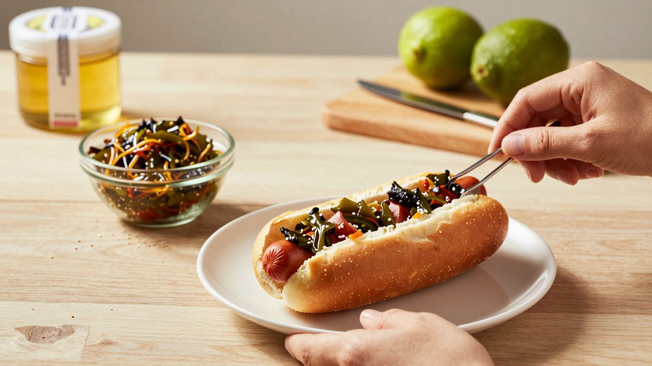Mão segura hot dog com cobertura de vegetais, ao lado de tigela e dois limões sobre uma mesa de madeira.