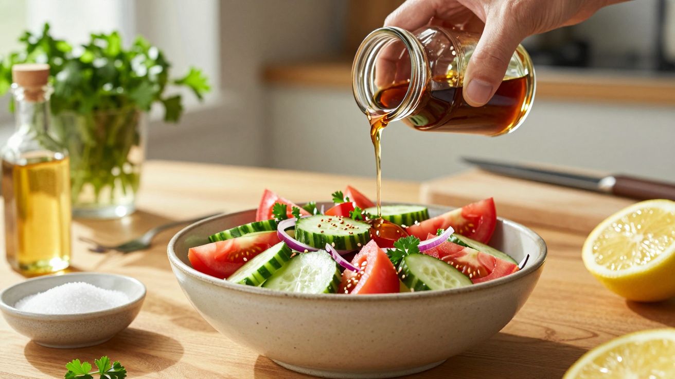 Salada fresca de pepino e tomate, regada com molho, em tijela de cerâmica, numa cozinha ensolarada.