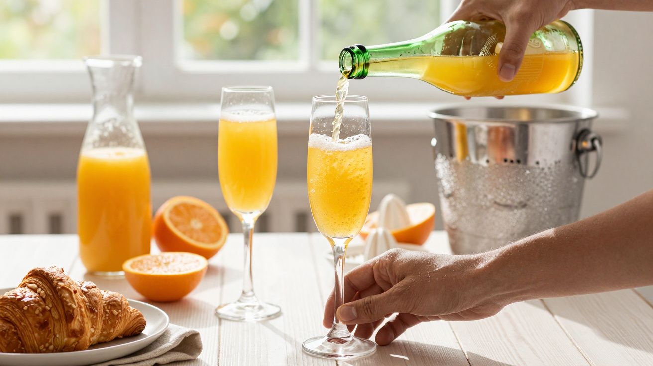 Mão a servir mimosa em copo de flute numa mesa com croissants e laranjas cortadas ao meio.