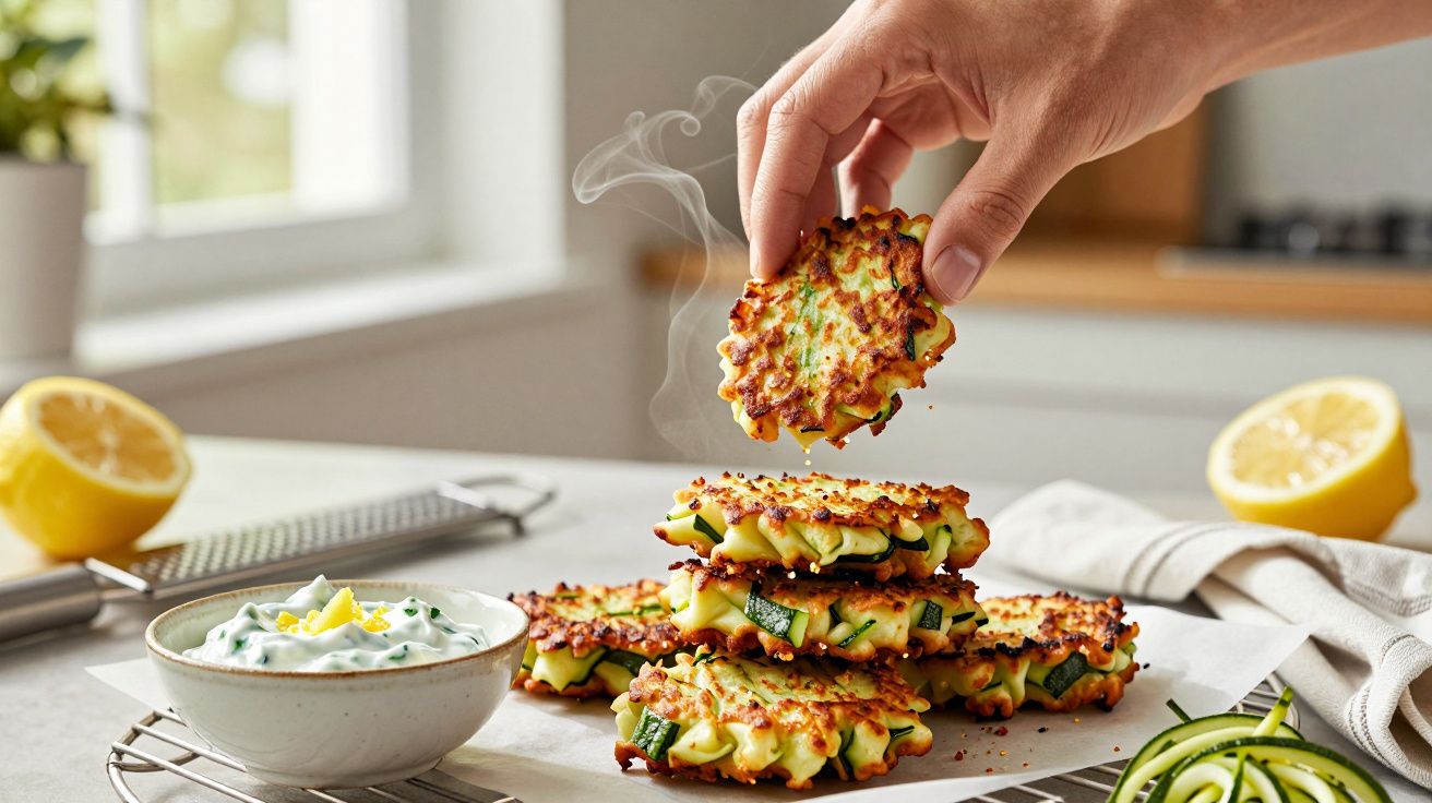 Mão segurando um bolinho de courgette fumegante sobre uma pilha, com molho numa tigela ao lado e limões ao fundo.