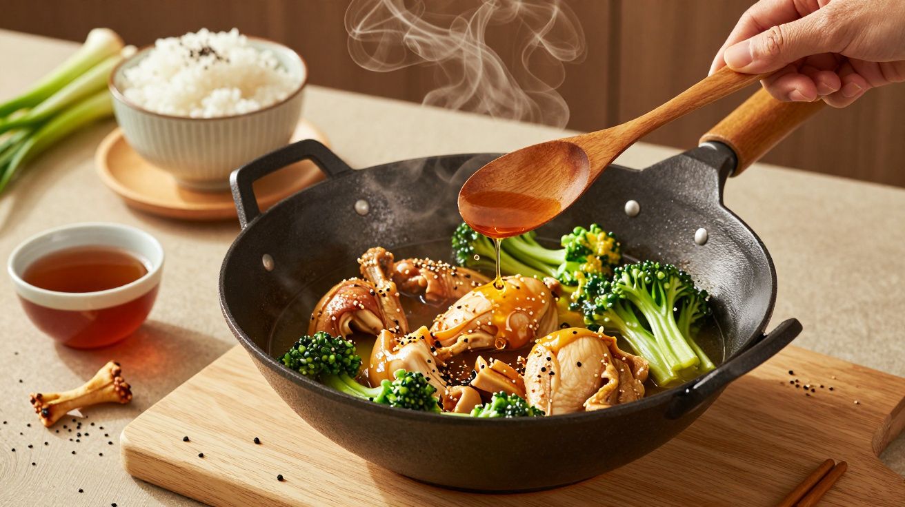 Mão vertendo molho sobre frango e brócolos numa wok, com arroz e chá ao fundo.