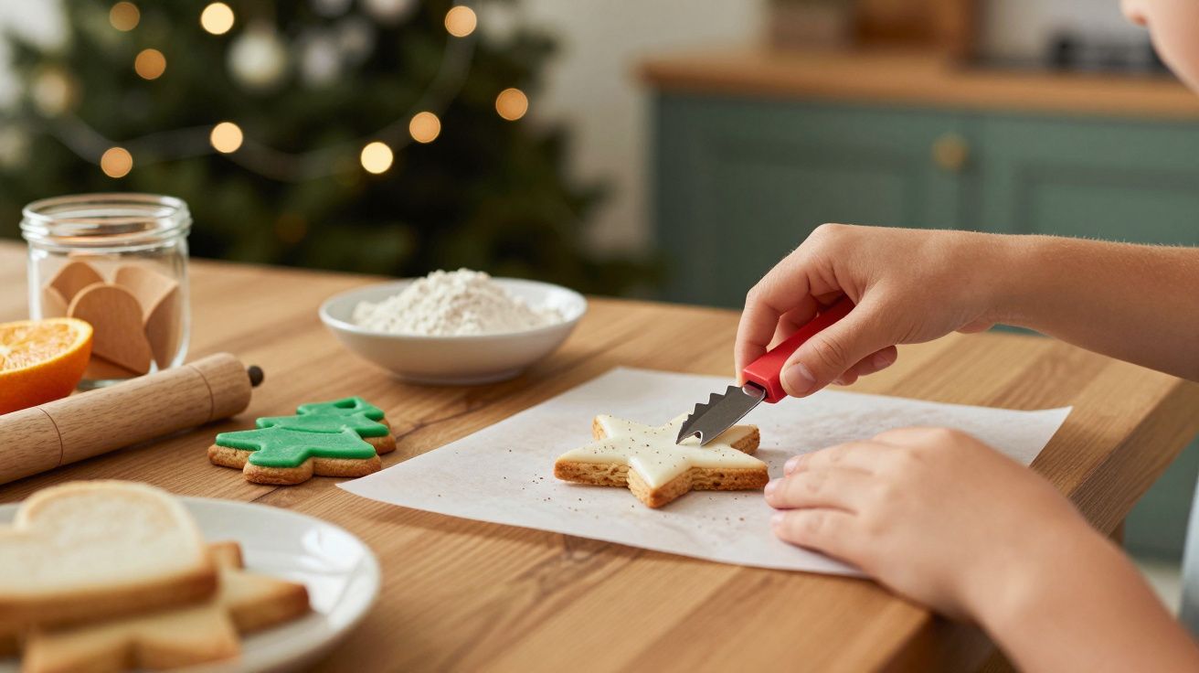 Pessoa decora bolacha em forma de estrela com árvore de Natal desfocada ao fundo.