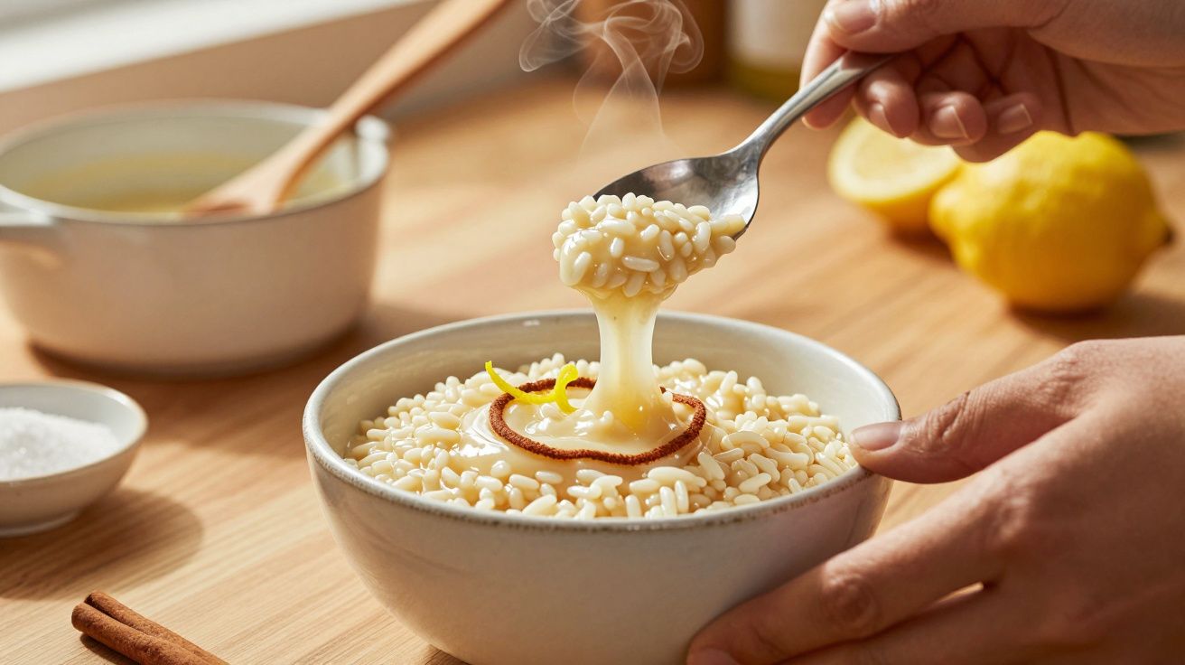 Mãos servindo arroz-doce cremoso em tigela branca, com raspas de limão e canela ao fundo.