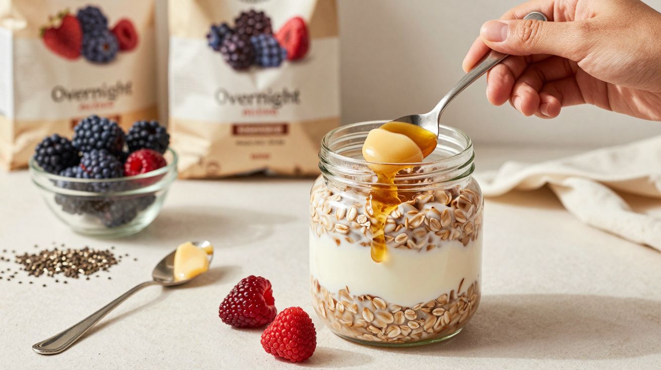 Mão segurando colher de aveia durante preparação; taça com frutos vermelhos e embalagens ao fundo.