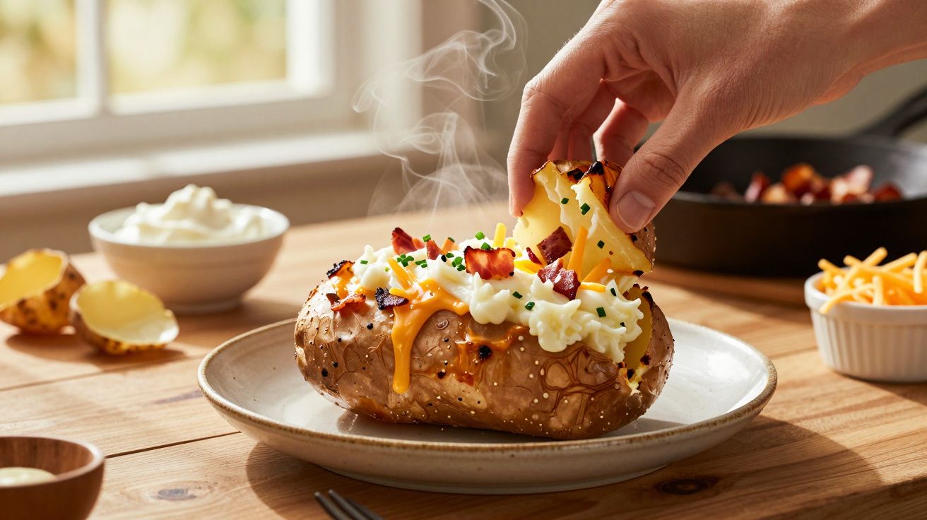 Batata recheada com queijo derretido, bacon e cebolinho, sendo aberta à mão, sobre prato em mesa de madeira.