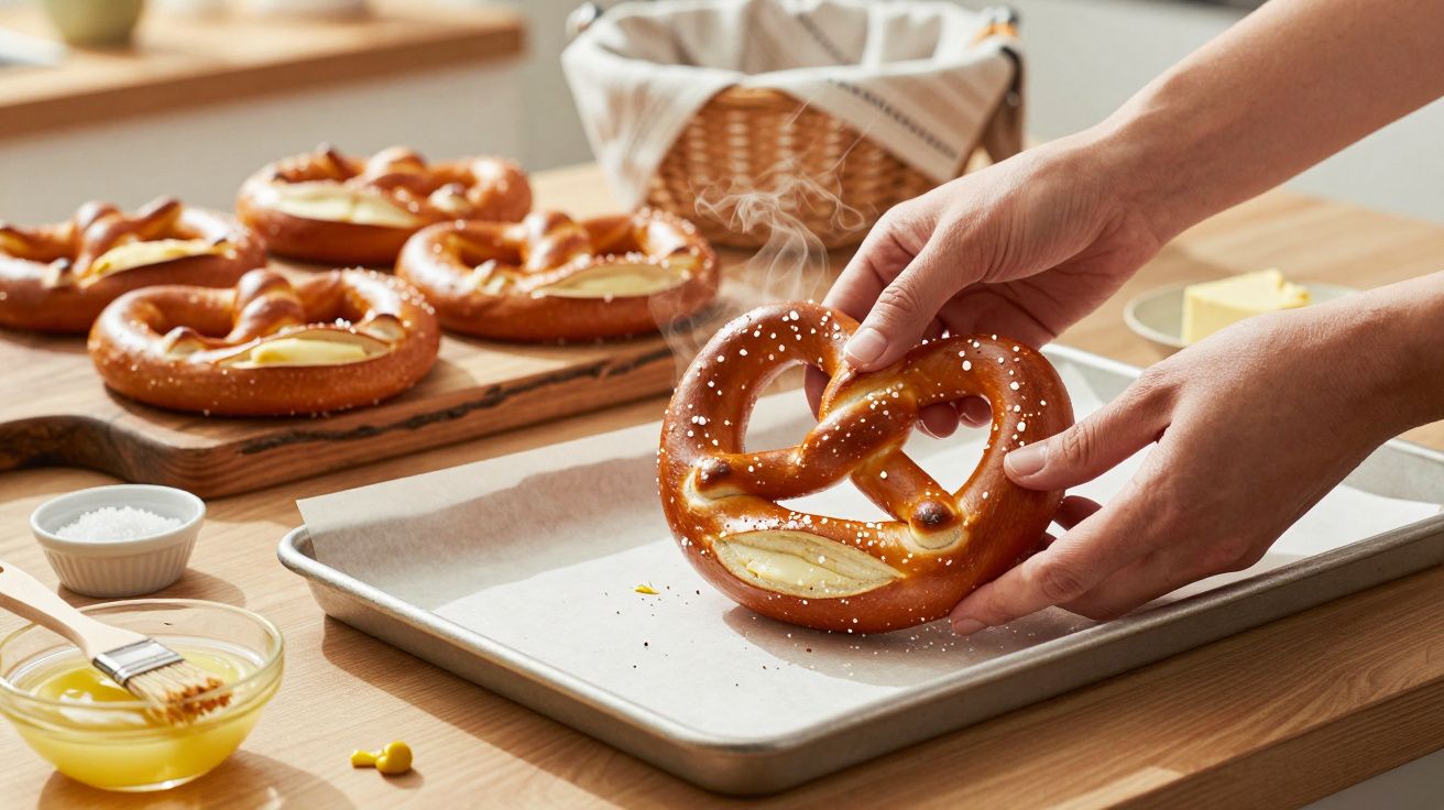Mãos colocam um pretzel quente num tabuleiro, rodeado por outros pretzels e ingredientes em cima da mesa.