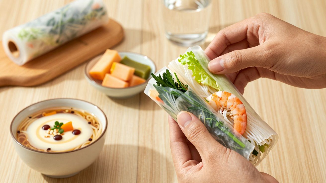 Mãos segurando um rolo de arroz fresco com camarão, vegetais e ervas. Taça de sopa e pedaços de fruta ao fundo.