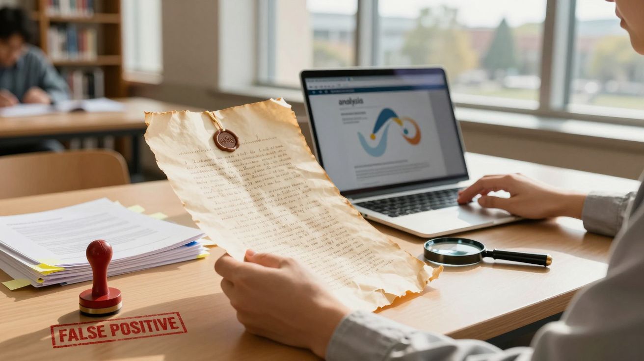 Pessoa segura carta antiga num escritório, com computador, lupa e carimbo ao lado. Tela mostra gráfico colorido.