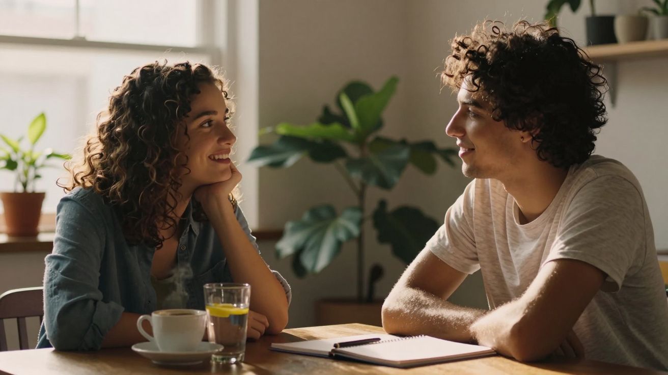 Casal sentado à mesa, sorrindo um para o outro, com um caderno e chá. Fundo com planta e janela iluminada.
