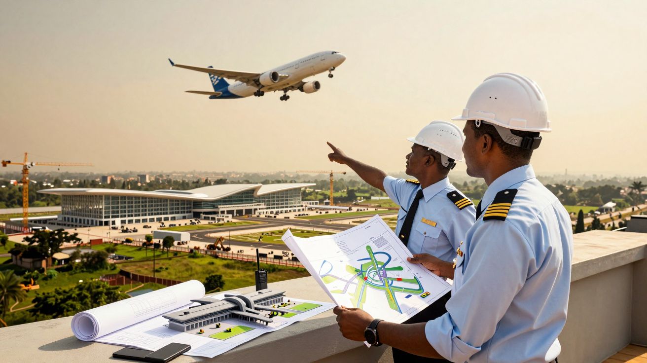 Dois engenheiros com capacetes analisam plantas enquanto observam um avião a descolar num aeroporto.