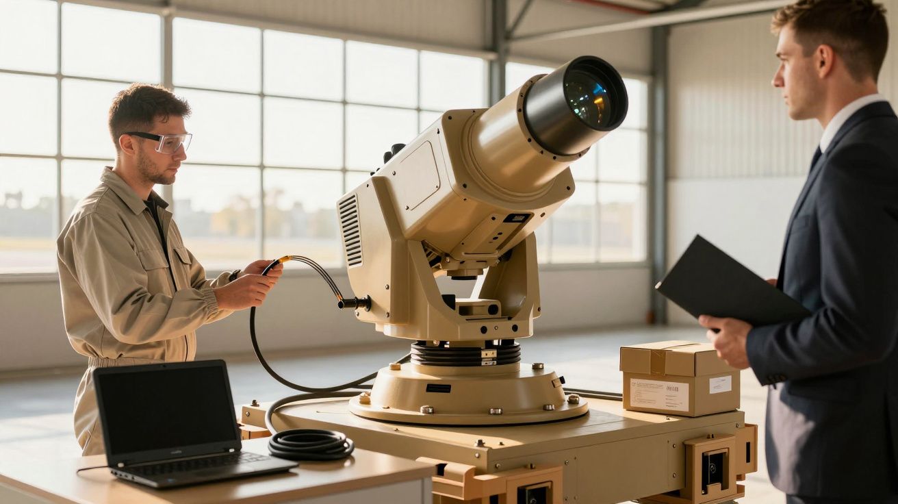 Homem ajusta equipamento tecnológico em oficina, enquanto outro homem observa segurando um tablet.