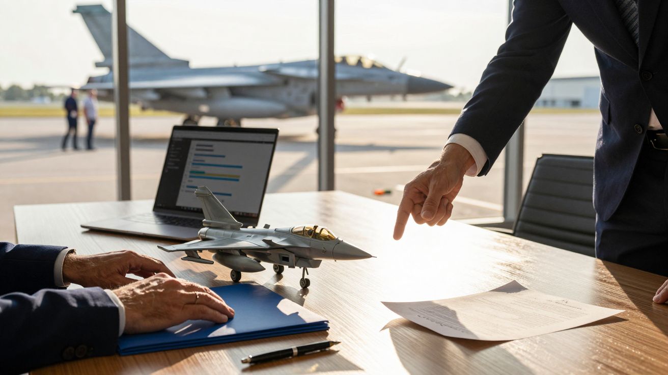 Duas pessoas discutem sobre um modelo de avião militar numa mesa com documentos e laptop, com jato real ao fundo.