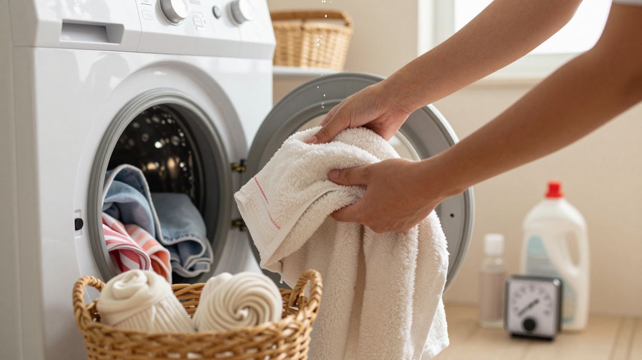 Pessoa a colocar toalhas numa máquina de lavar roupa, com cesto de roupas e detergente ao fundo.