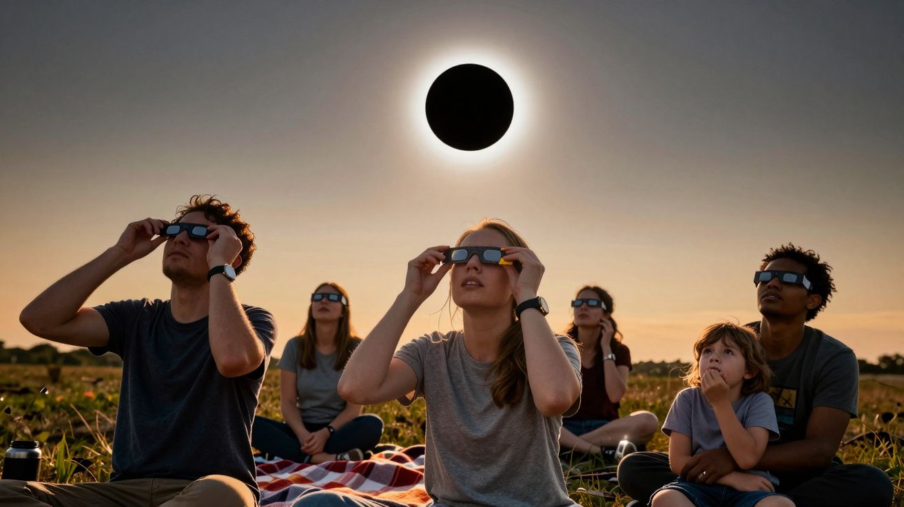 Pessoas assistem a um eclipse solar usando óculos de proteção, sentadas num campo ao final do dia.