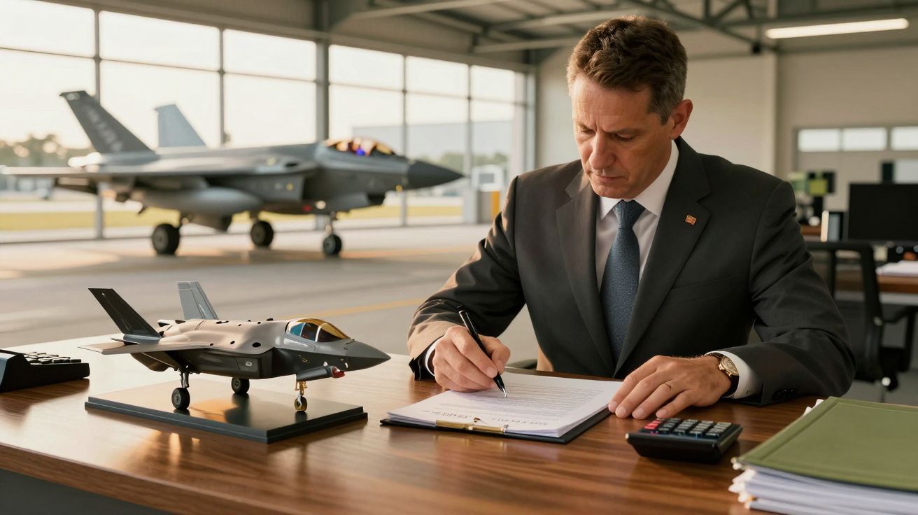 Homem de fato assina documentos numa mesa com miniatura de caça a jato. Avião grande visível ao fundo em hangar.