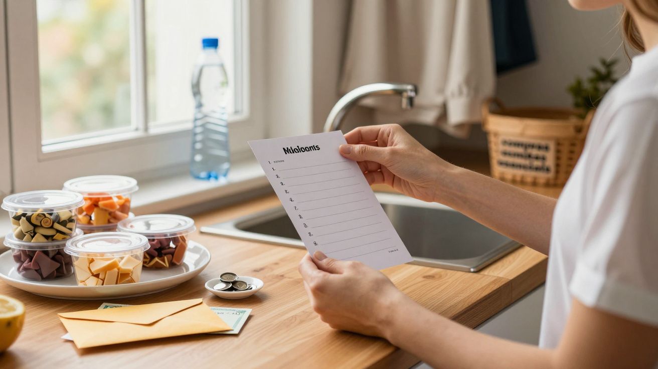 Pessoa segura lista de compras na cozinha, com caixas de alimentos e garrafa de água ao lado.