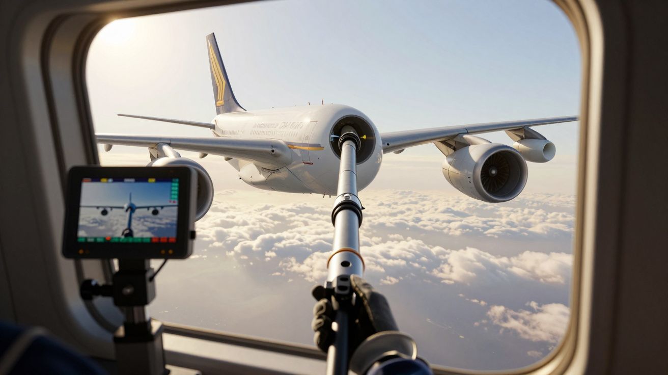 Avião a ser reabastecido no ar visto de outra aeronave, com um braço de reabastecimento e monitor de voo visíveis pela janela