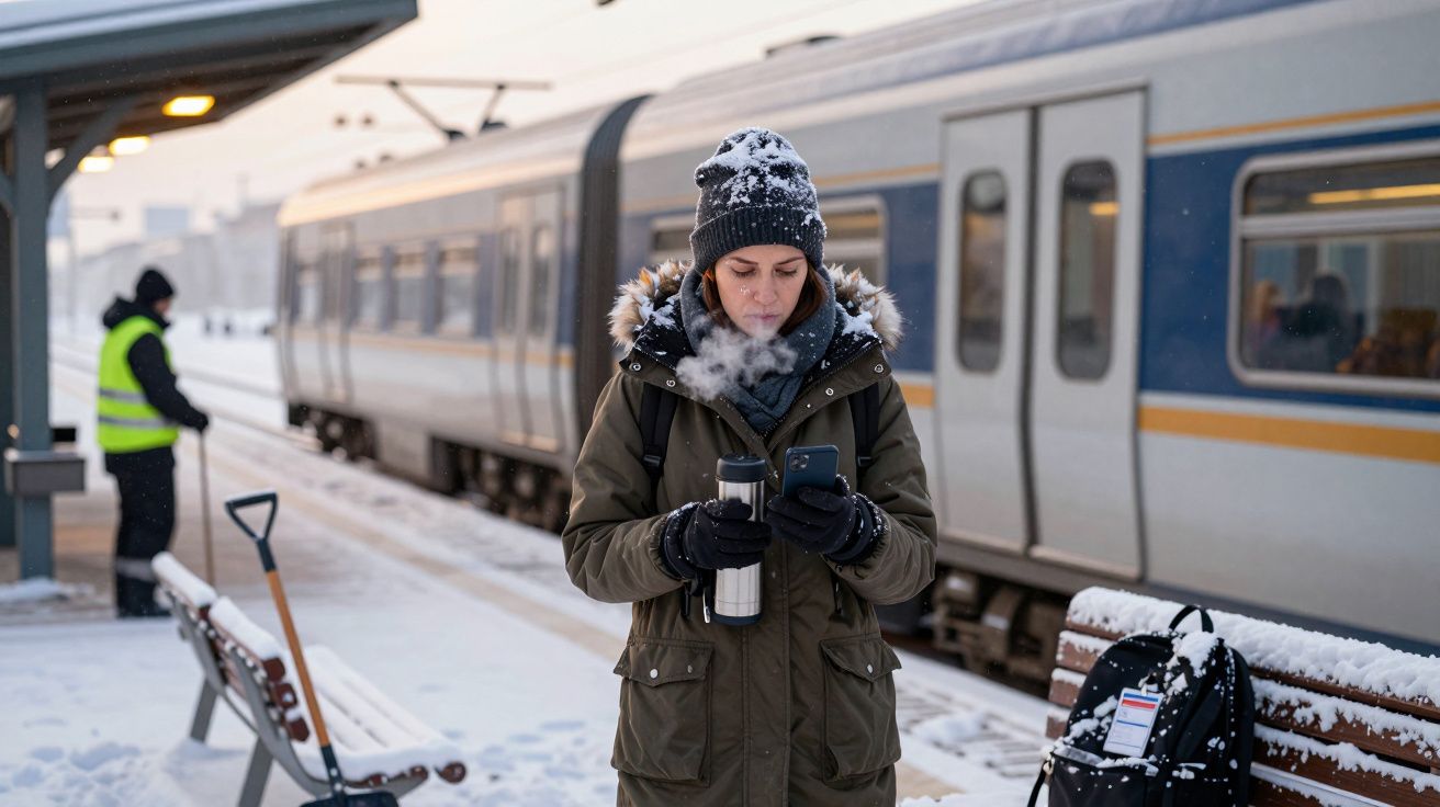 Mulher com casaco e gorro usa telemóvel numa estação de comboios nevada; trabalhador ao fundo e comboio parado.