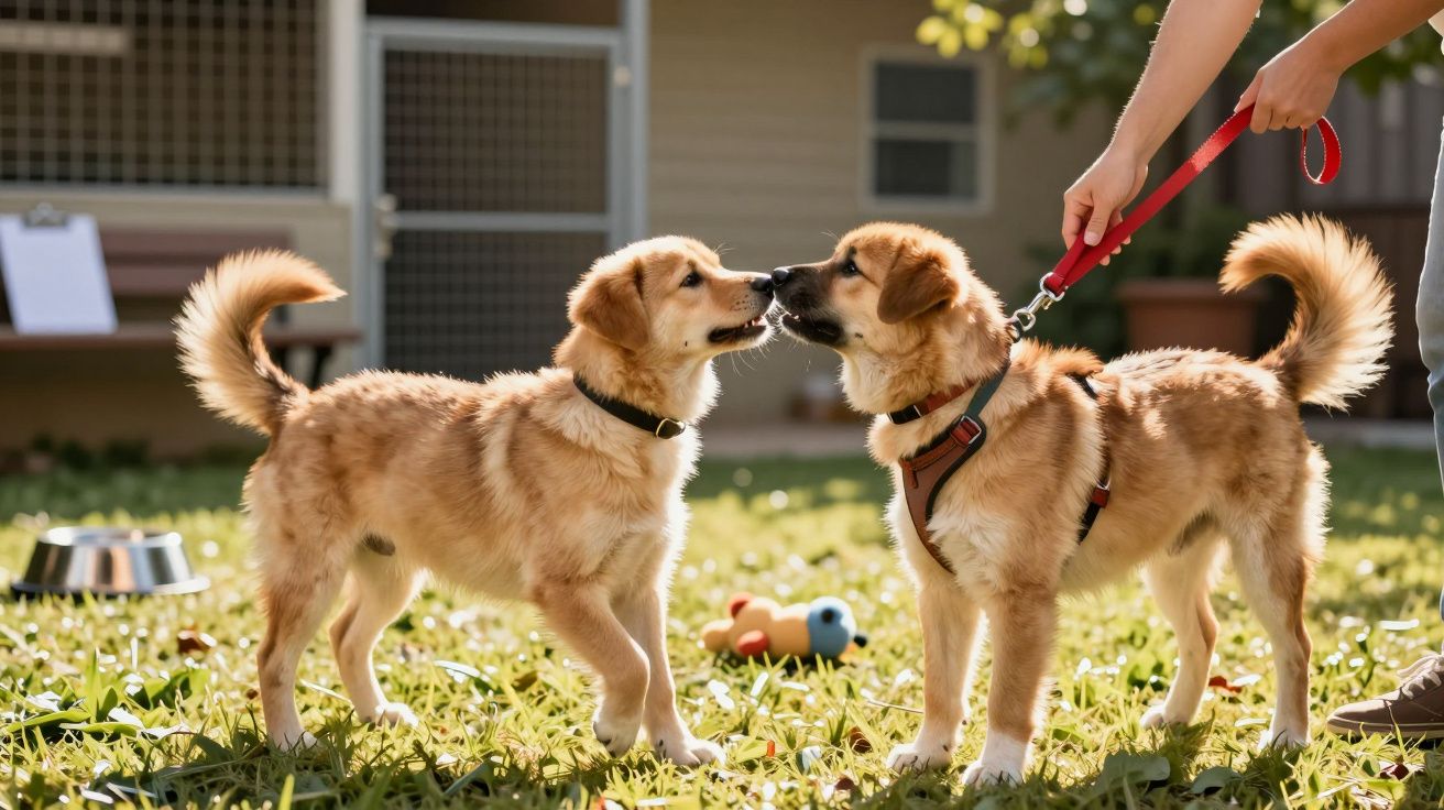 Dois cães dourados brincam num quintal, um a ser segurado por uma guia vermelha.