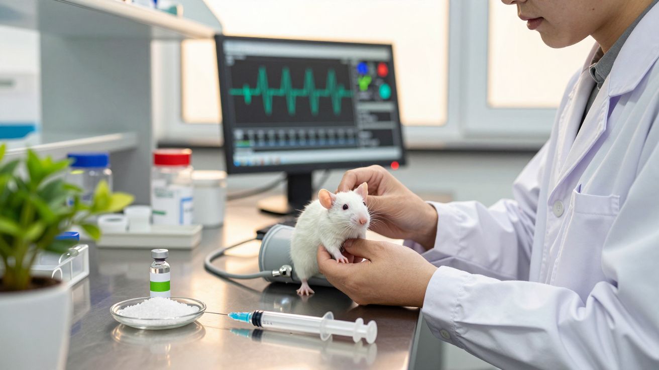 Cientista segura rato branco em laboratório com equipamentos e gráficos no fundo.