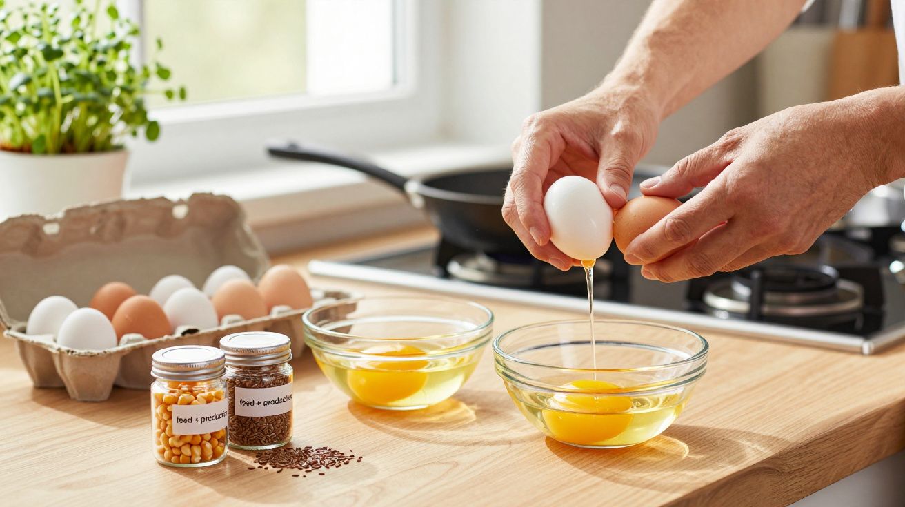 Pessoa a quebrar ovos em tigelas de vidro numa cozinha, com temperos e ovos ao lado.