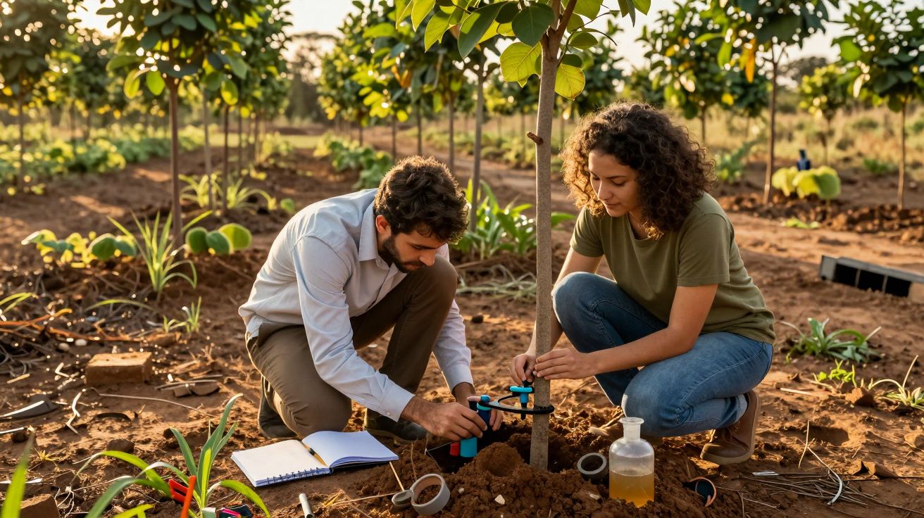 Duas pessoas analisam equipamento de irrigação junto a árvore jovem numa plantação, ao pôr do sol.