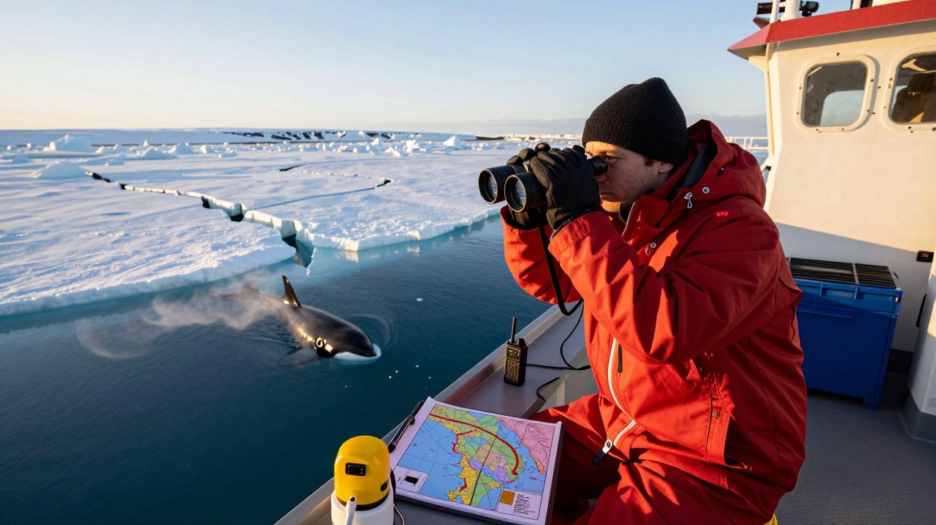 Investigador de casaco vermelho observa uma orca no Ártico com binóculos a partir de um barco com mapas e rádio.