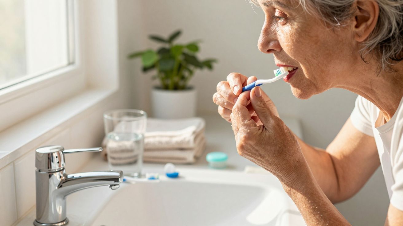 Mulher idosa a escovar os dentes em frente ao lavatório, com toalhas e planta ao fundo.