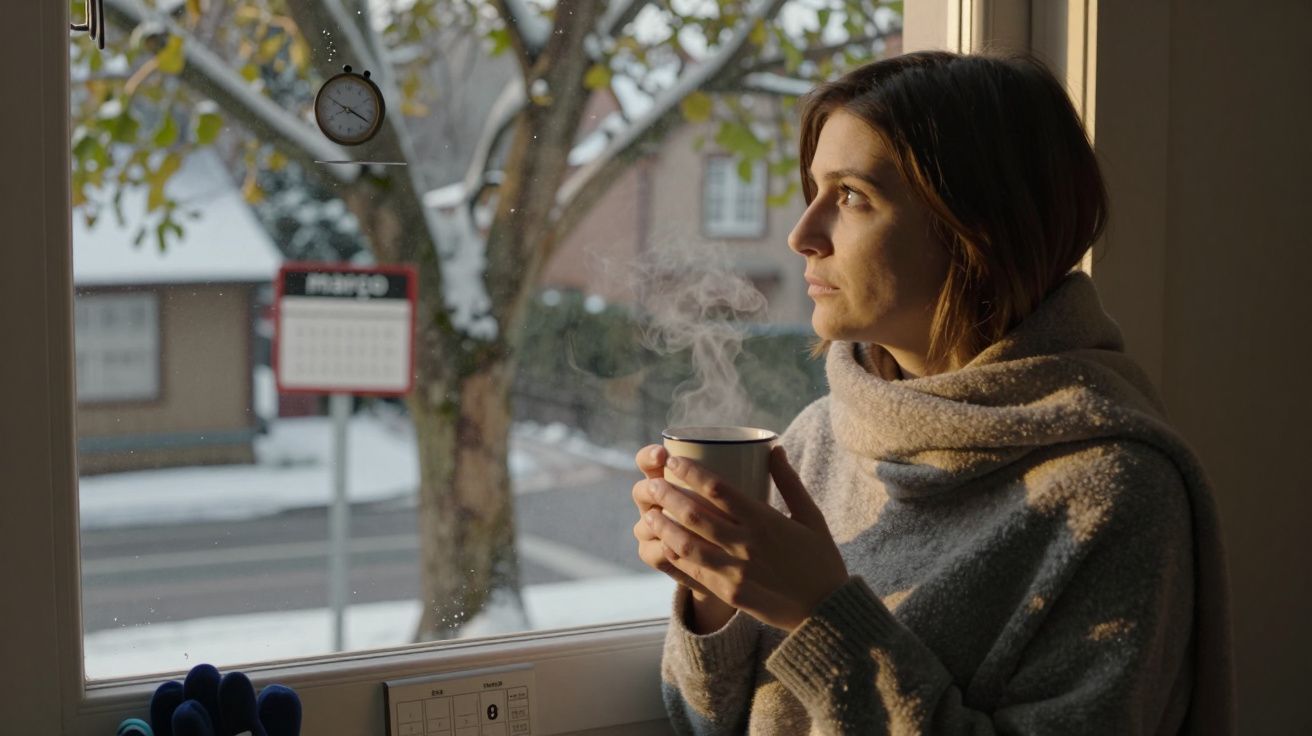 Mulher de casaco cinza segura uma caneca quente e olha pela janela, com neve lá fora.