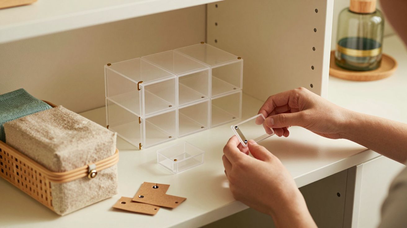 Mãos montando caixas transparentes num armário branco, com cesto e frascos decorativos ao lado.