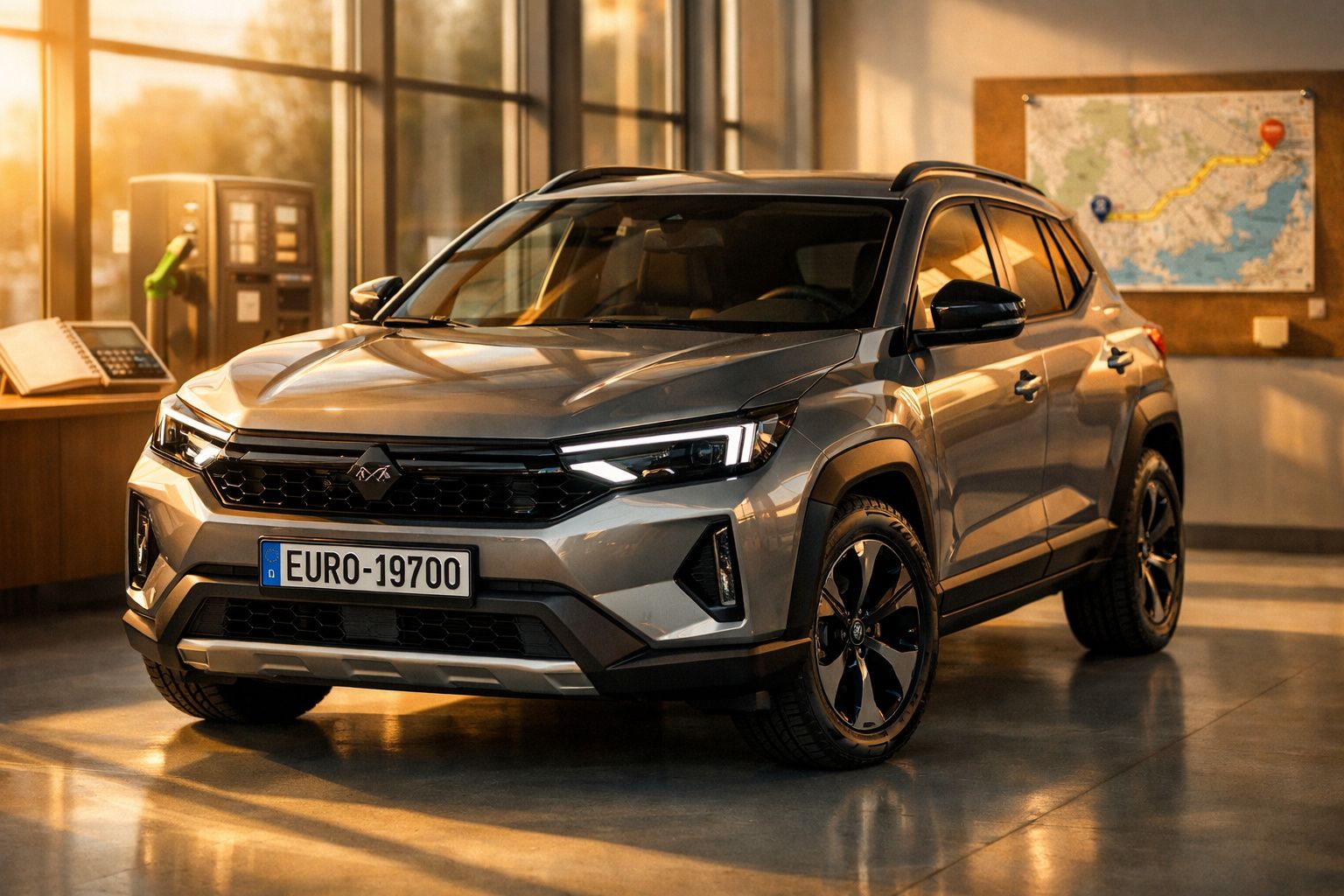 Homem junto a um carro cinzento com a bagageira aberta, ao lado de uma criança num carrinho de bebé.