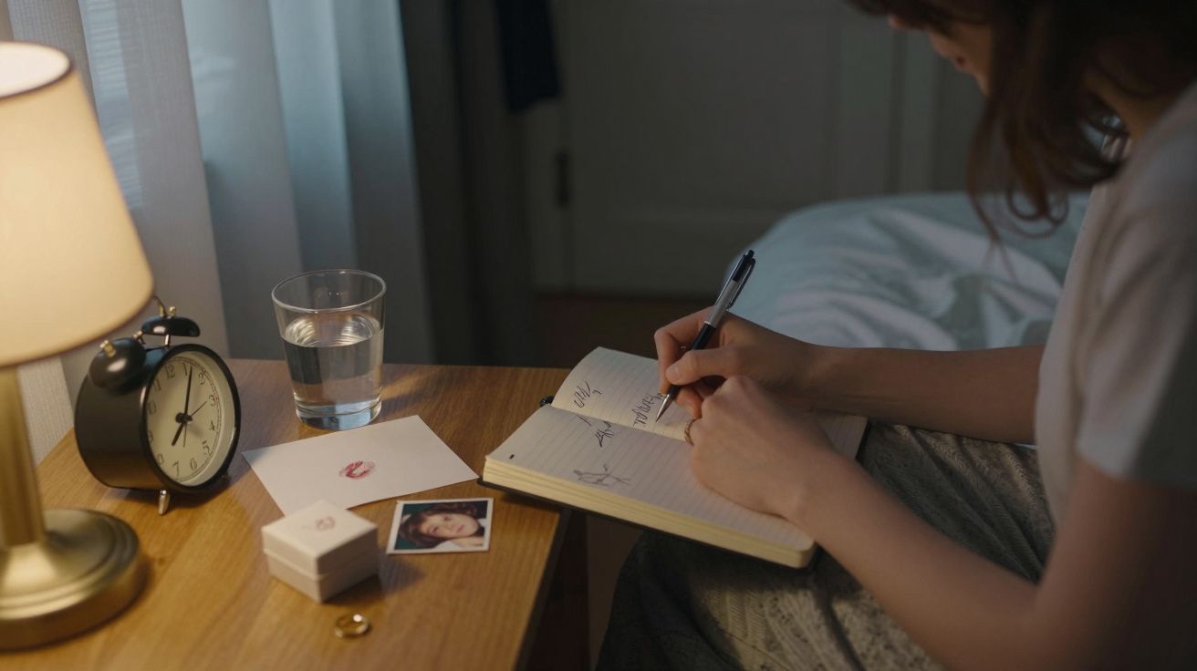 Pessoa a escrever num caderno ao lado de uma mesa com candeeiro, copo de água, relógio e fotos.
