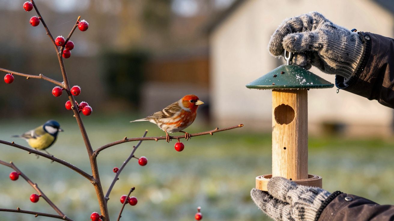 Pássaros em ramo com bagas vermelhas, junto a pessoa segurando casa de pássaros com luvas cinzas.