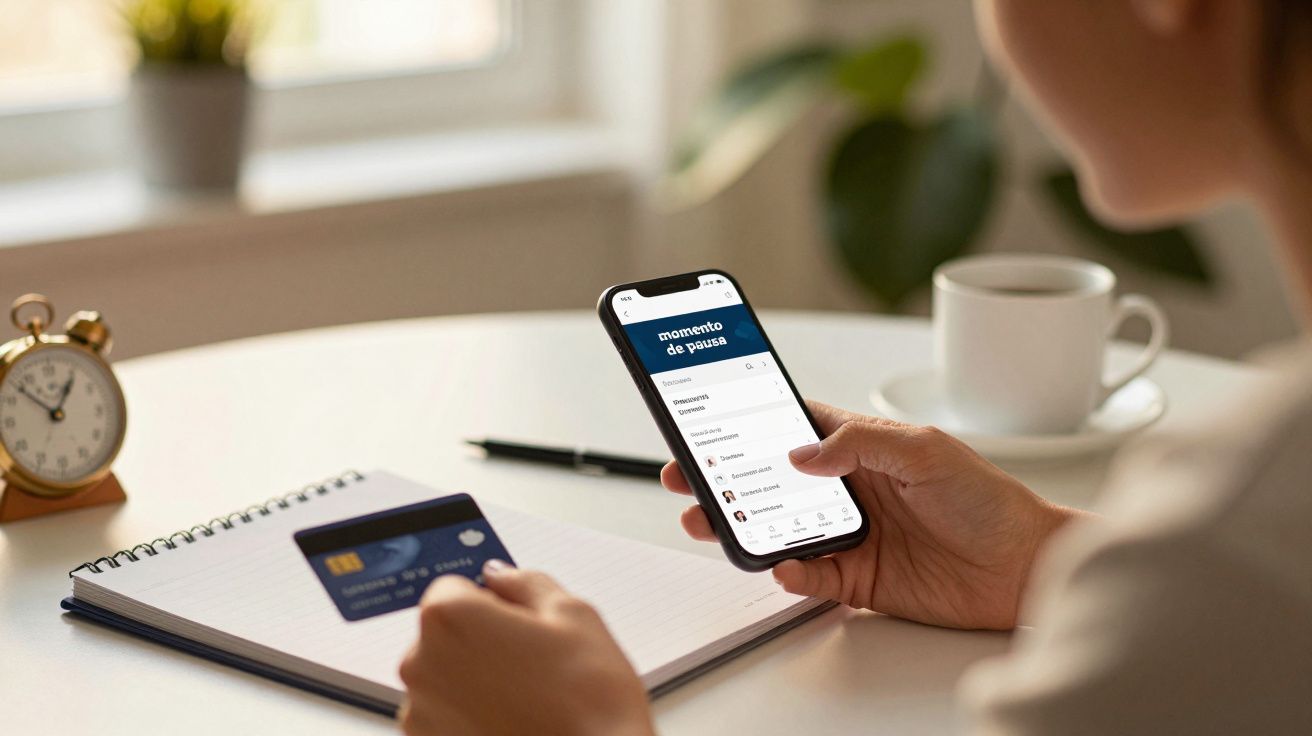Pessoa usando smartphone e segurando cartão de crédito, com caderno e chá sobre a mesa.
