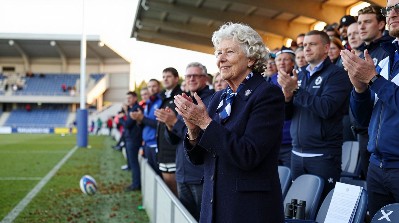 Mulher idosa aplaude num estádio de rugby, cercada por outras pessoas, sob uma cobertura.
