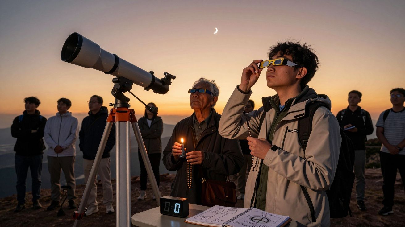 Grupo de pessoas observa o céu ao entardecer com telescópio e óculos especiais. Lua crescente visível.