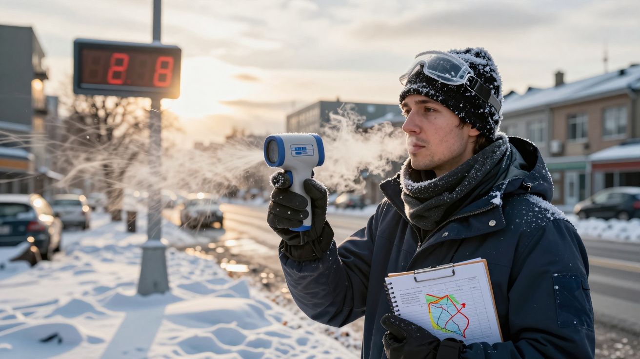 Homem em roupas de inverno mede temperatura na cidade nevada com termómetro digital, segurando prancheta com mapas.