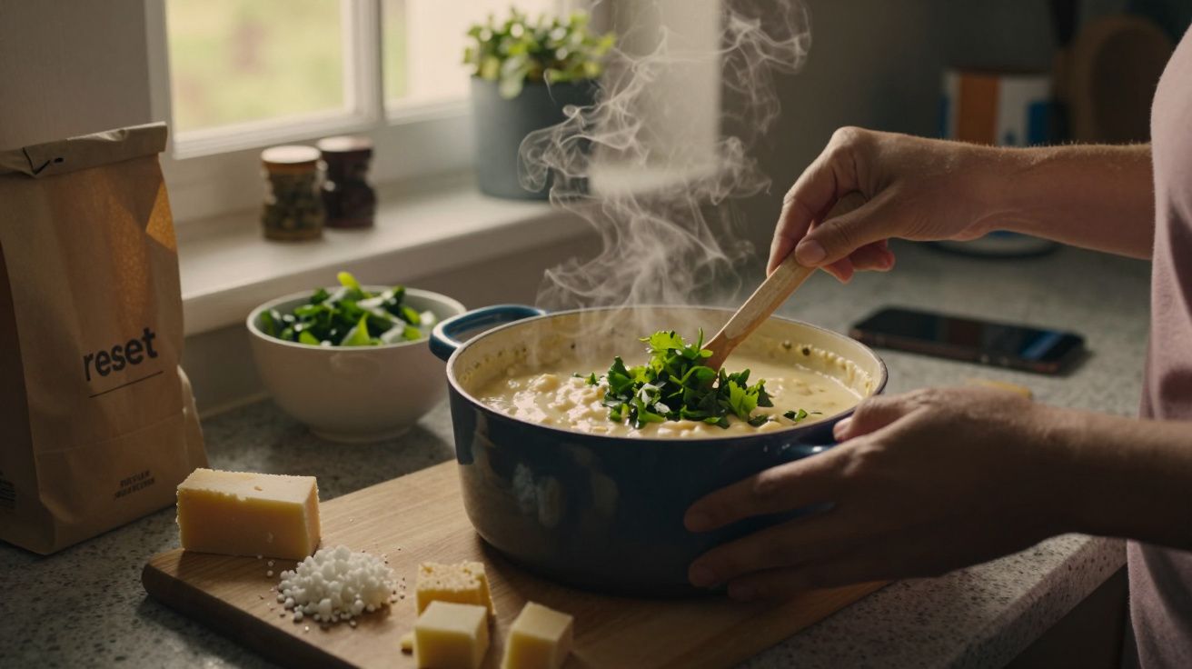 Pessoa cozinha risoto em panela azul, misturando com colher de madeira, perto de tábua com queijo e ervas.