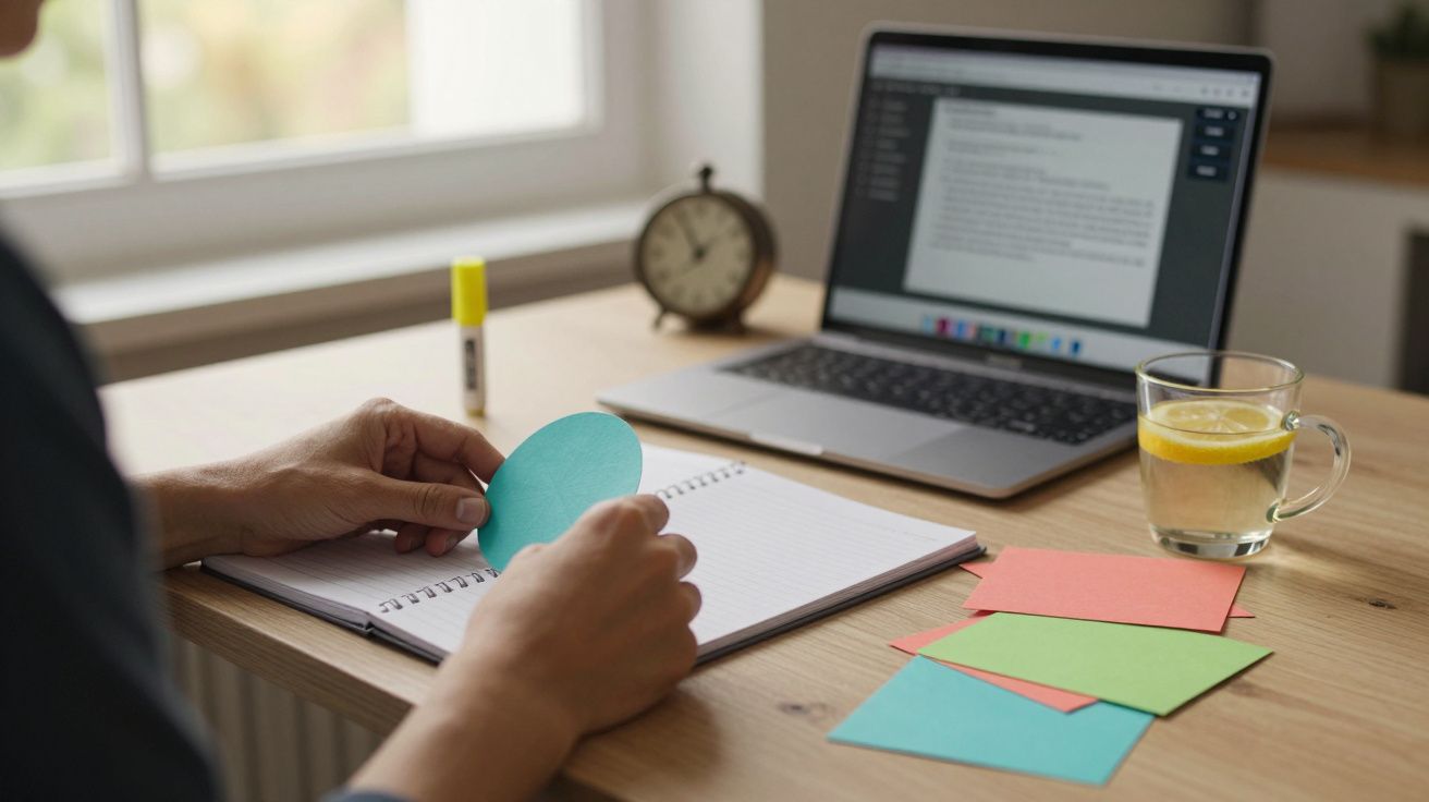 Pessoa a segurar uma nota adesiva azul em cima de um caderno, ao lado de um portátil e um copo com água e limão.